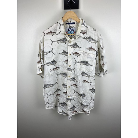 Tag & Brag All Over Print AOP Sword Fish Button Up Tee Shirt - L - Picture 11 of 12